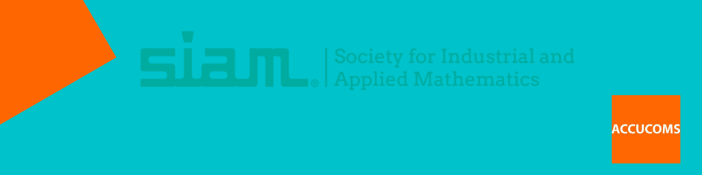 Imagem: no topo a logomarca da SIAM, formada pela sigla e pelo nome por extenso "Society for Industrial and Applied Mathematics". Abaixo, à direito o nome da empresa Accucoms.